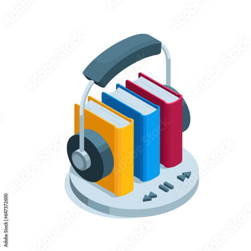 isometric headphones on books in color on a white background, e-book or audiobook