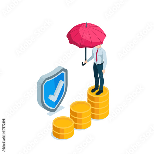 isometric business man with an umbrella stands on a chart of coins in color on a white background, investment protection or monetary insurance