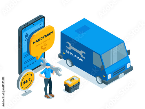 isometric man with wrench near car and smartphone with message in color on white background, handyman repair service
