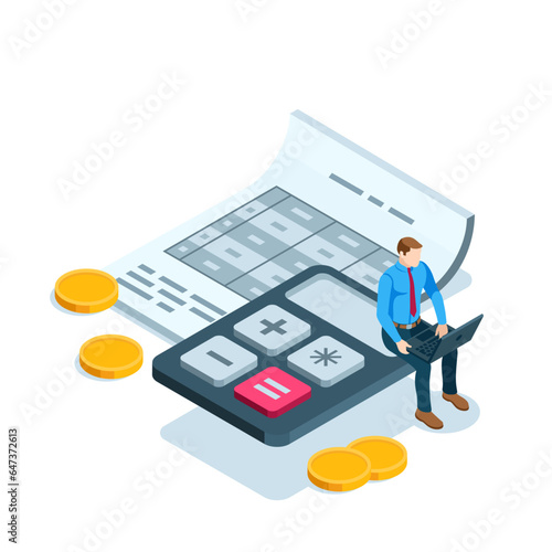 isometric business man sitting on a calculator over a sheet of paper with a table in color on a white background, accountant or tax calculation