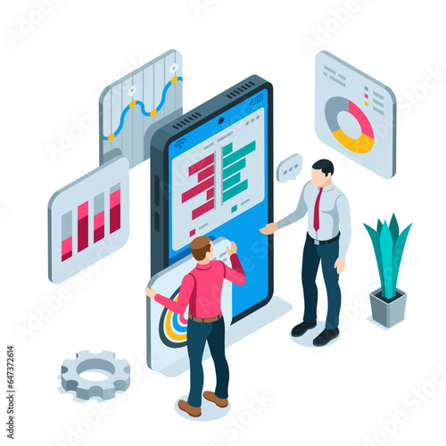isometric business men near a smartphone work with statistics in color on a white background, analytics and finance