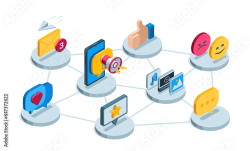 isometric concept and set of icons on the topic of messages and activity on social networks in color on a white background, likes and messages
