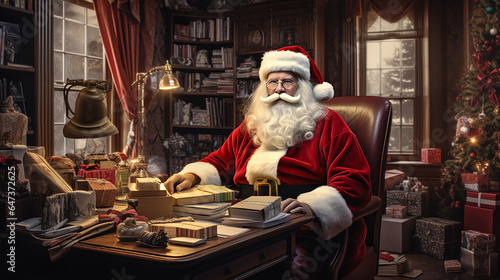Santa Claus works at his desk