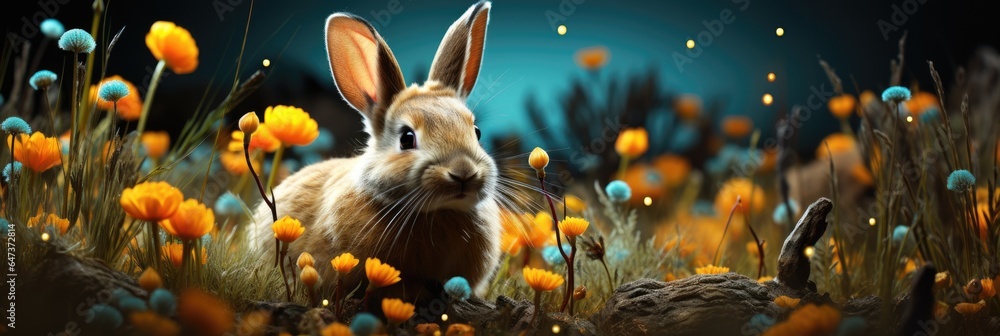 easter bunny in the grass flowers - obrazy, fototapety, plakaty 