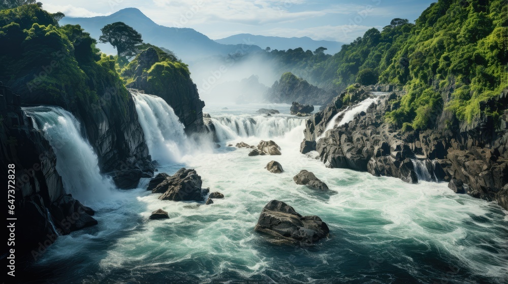 Fototapeta premium Beautiful waterfall view from the top of the mountain