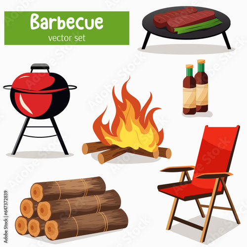 Vector set of barbecue elements - cauldron, fire, firewood, picnic chair, bottles with sauce, meat in a frying pan on an isolated white background.