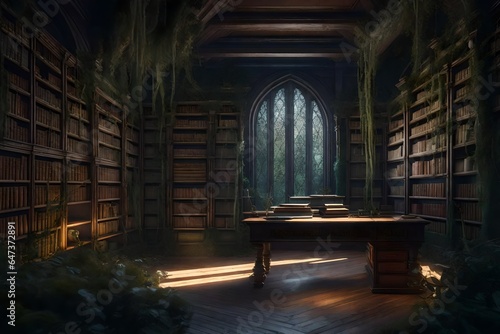 an ancient  overgrown library in a hidden forest - AI Generative