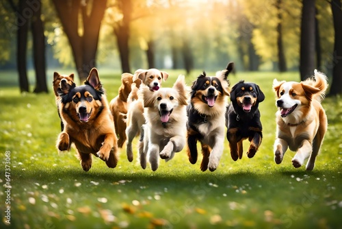 Cute funny dogs group running and playing on green grass in park photo