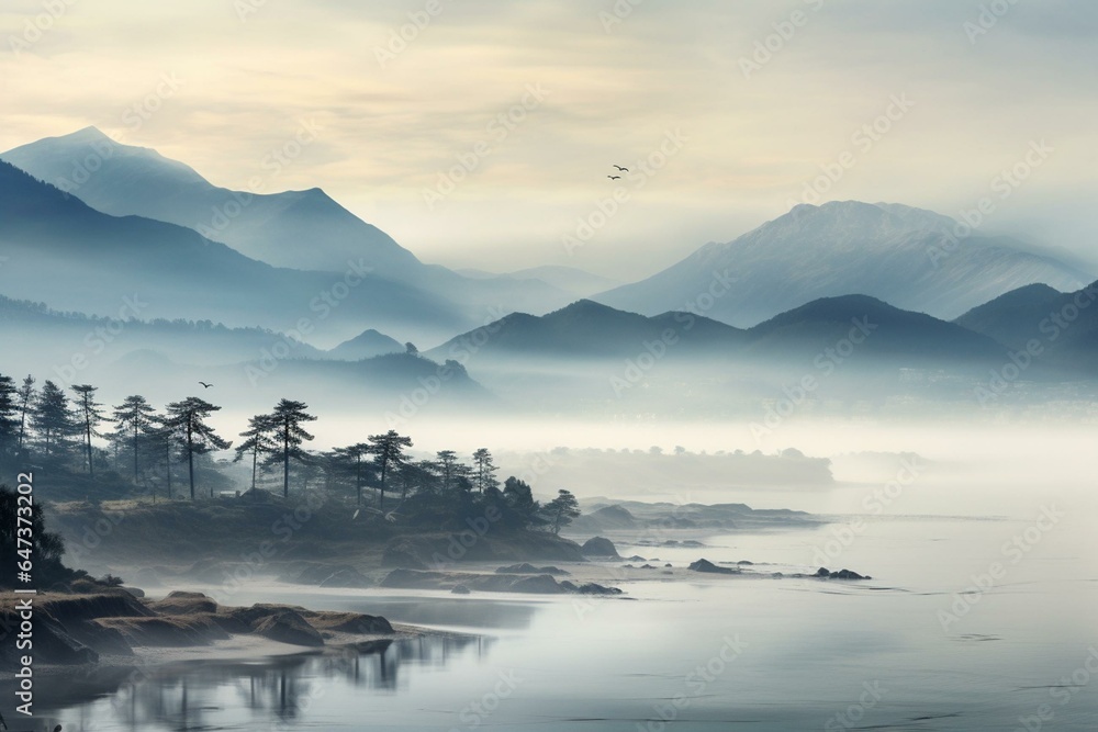Misty landscape showing sea and mountains. Panoramic view. Generative AI