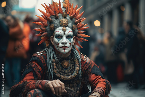 A street performer showcasing traditional mask-changing artistry. Generative Ai.