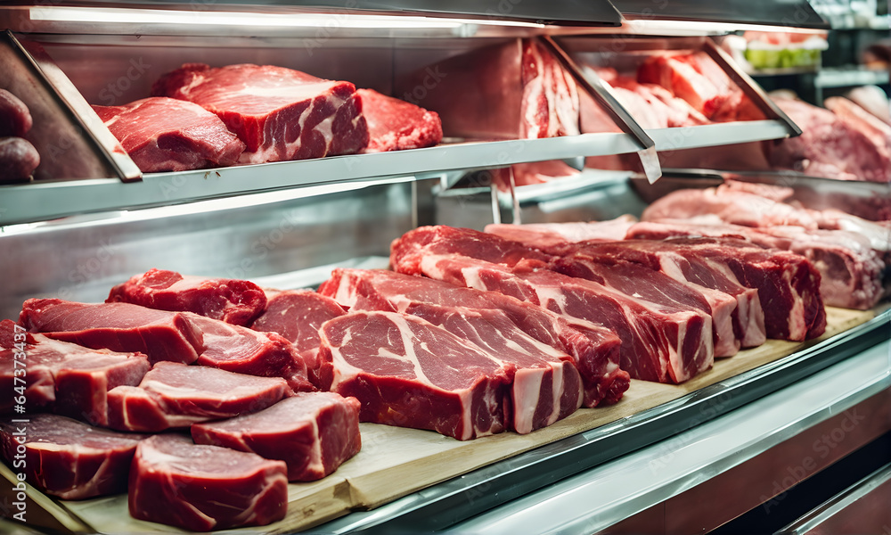 Quality meat display, butcher shop advertising concept Quality meat display, butcher shop advertising concept