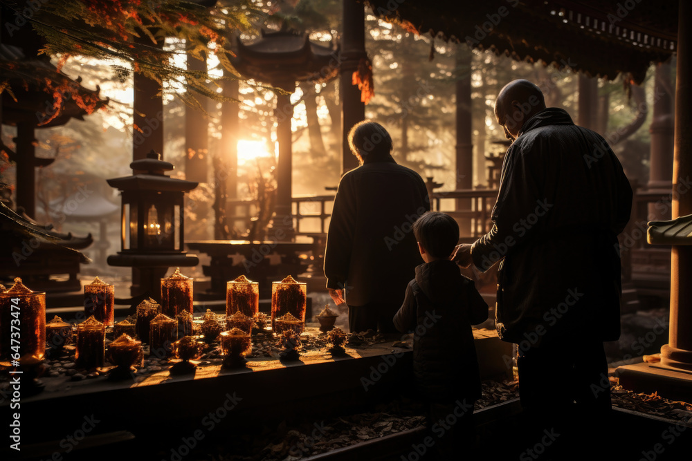 A family paying respects to their ancestors at an ancestral shrine. Generative Ai.
