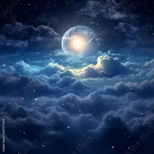 Moon in starry night over clouds