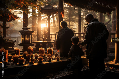 A family paying respects to their ancestors at an ancestral shrine. Generative Ai.