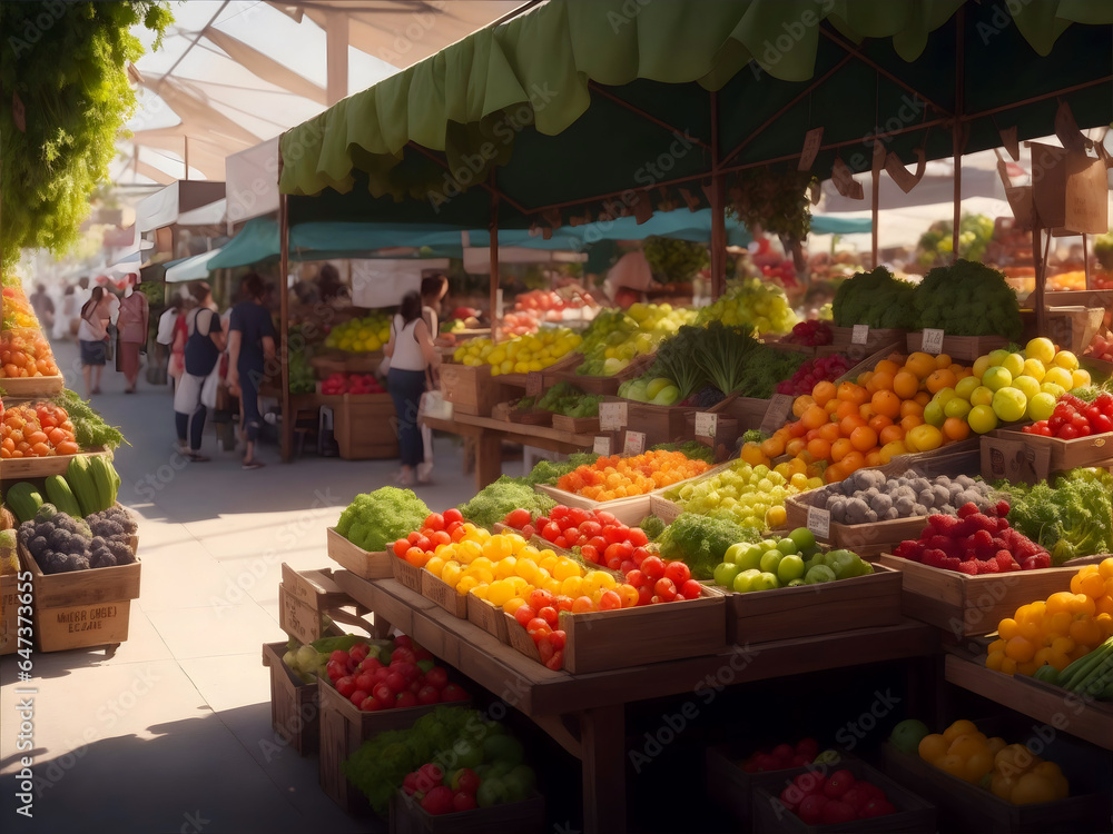 Organic fresh fruit and vegetables on a street farmers market, stalls full of healthy food.