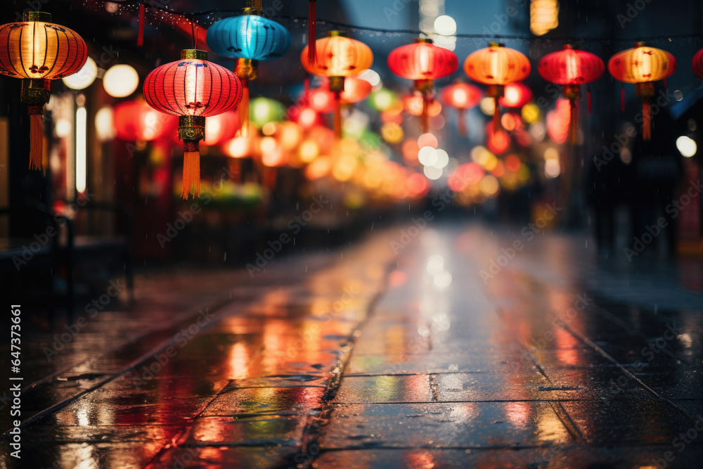 Colorful lanterns adorning the city streets, illuminating the night during Chinese New Year. Generative Ai.