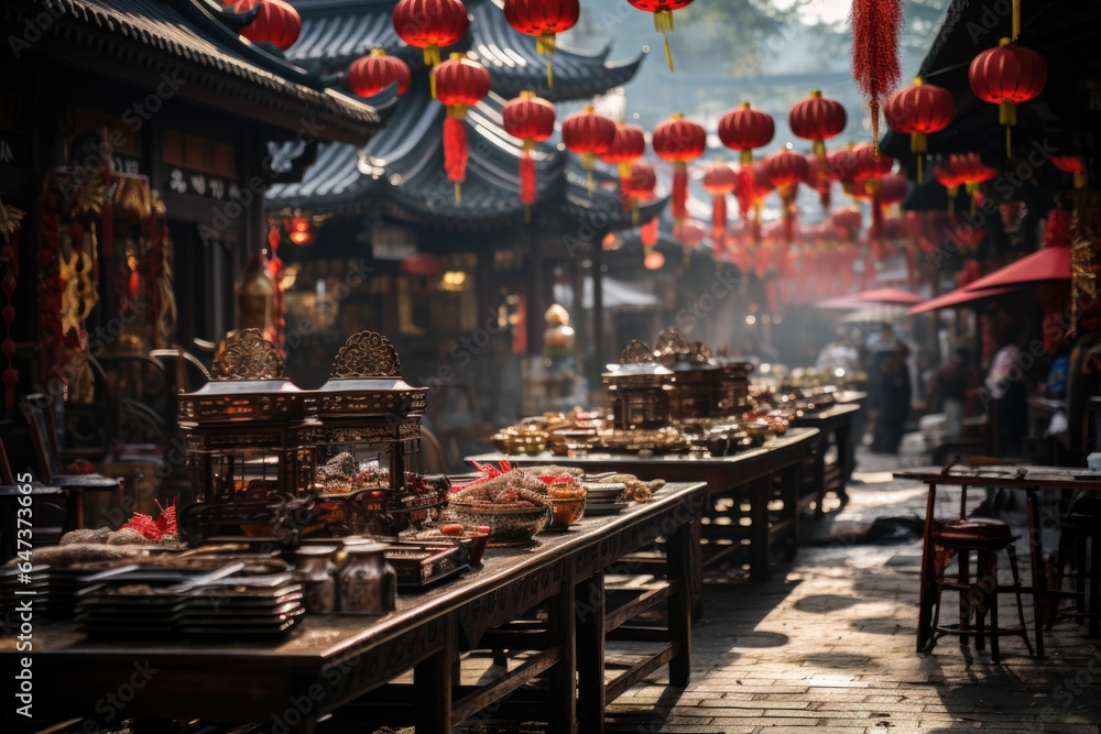 The vibrant and bustling atmosphere of a Chinese New Year street market. Generative Ai.