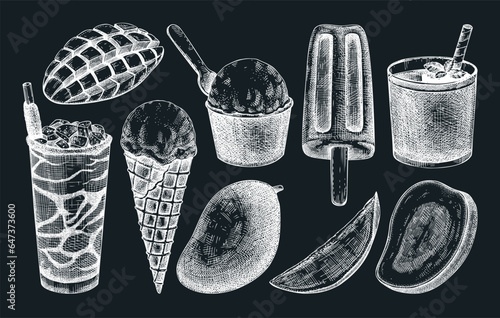 Mango and dessert sketches on achalkboard. Summer food hand-drawn vector illustrations. Tropical fruit,  ice cream, cocktails, sorbet, gelato drawings. Sweet food design elements for labels, packaging