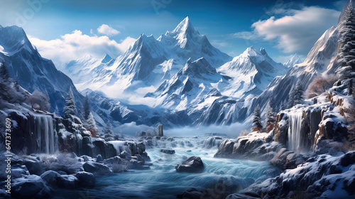 Frozen waterfall against a backdrop of mountains,