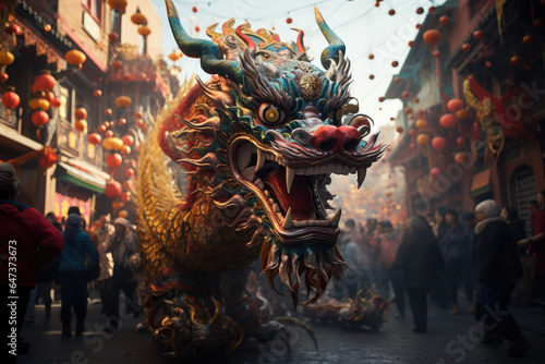 A dragon dance performance with a vibrant, long dragon winding through the streets. Generative Ai.