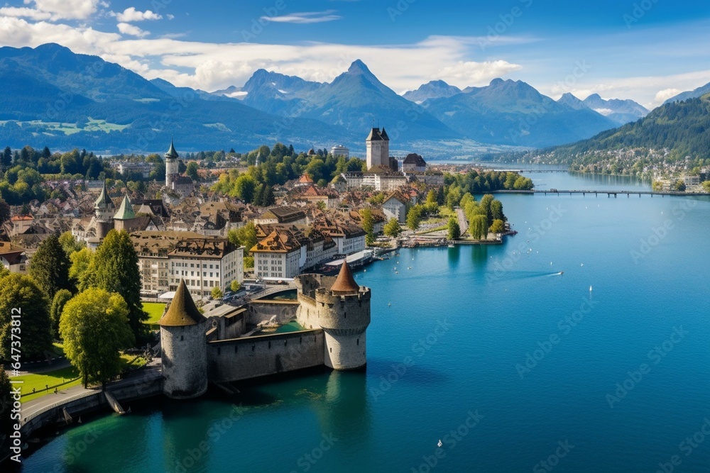 Aerial view of Luzern's old town wall with the Alps and Lake Luzern in the background, Switzerland. Generative AI