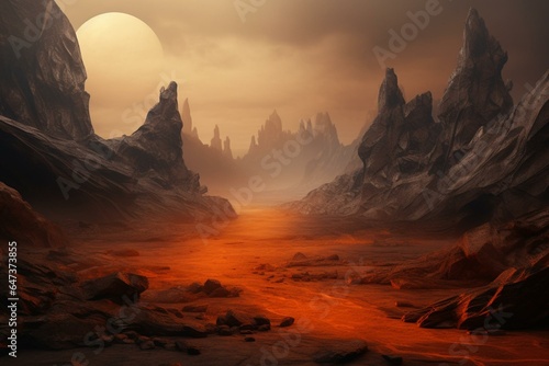 Abstract and dreamlike landscape with orange hue and foggy rocks  a road leading to the unknown. Generative AI