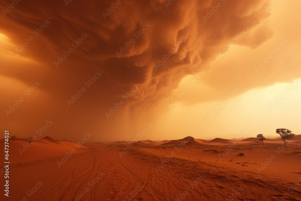 The orange Martian sky during a dust storm. Generative Ai.