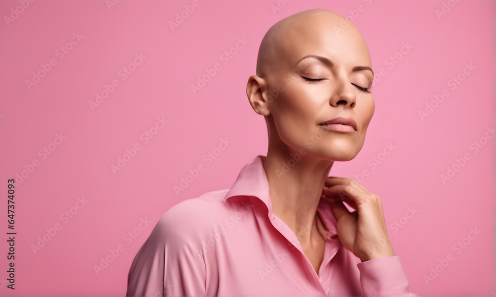 Beautiful woman fighting breast cancer. Concept of battle against cancer a woman without hair chemotherapy treatment pink October Beautiful woman fighting breast cancer. Concept of battle against cancer a woman without hair chemotherapy treatment pink October