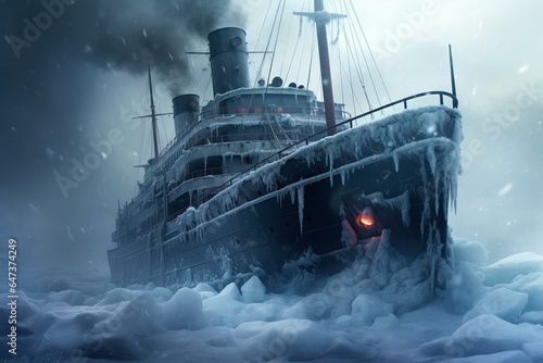 Fotografia, Obraz Steam ship trapped in ice. Generative AI