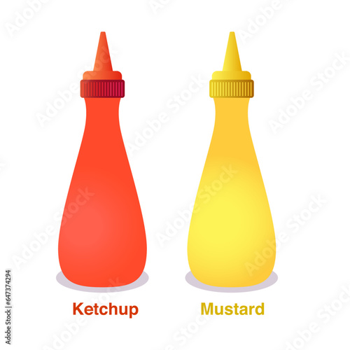 Ketchup and mustard bottles vector illustration, Yellow and red, catchup, catsup and sauce or cheese bottles stock vector image