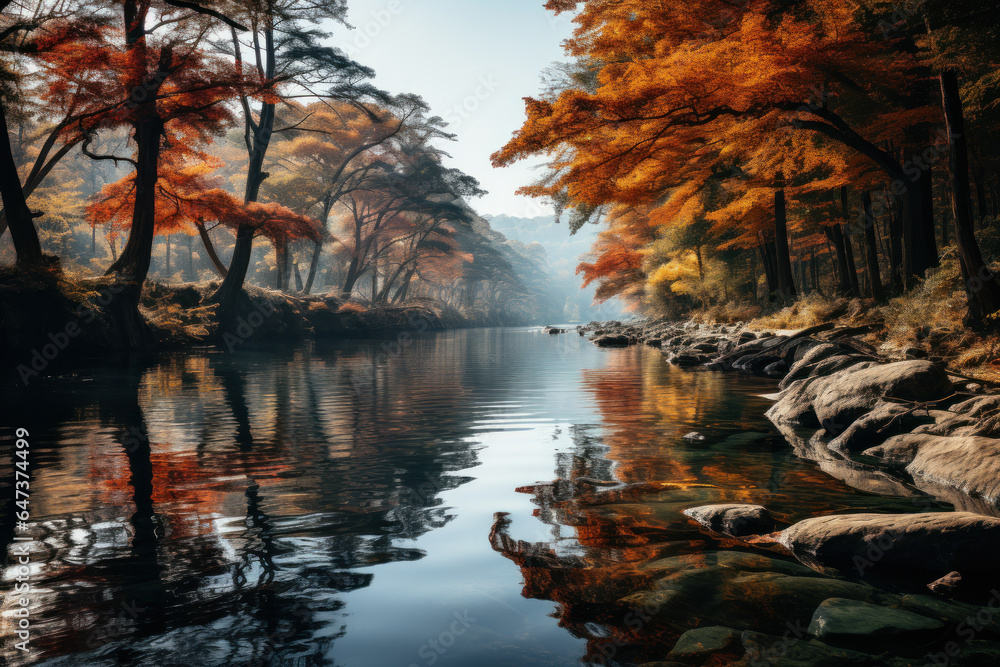 Obraz premium A tranquil river winds its way through a forest, reflecting the rich tapestry of autumn colors along its banks. Concept of Reflective Waters. Generative Ai.