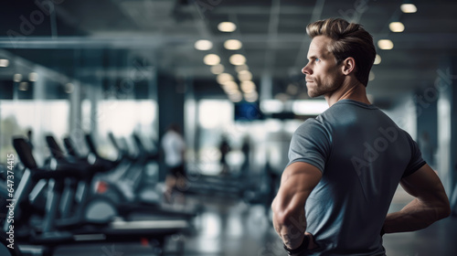 instructor man with a muscular build preparing for running machine in a spacious gym. Personal trainer in a modern fitness center. Generative Ai