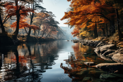 A tranquil river winds its way through a forest, reflecting the rich tapestry of autumn colors along its banks. Concept of Reflective Waters. Generative Ai.