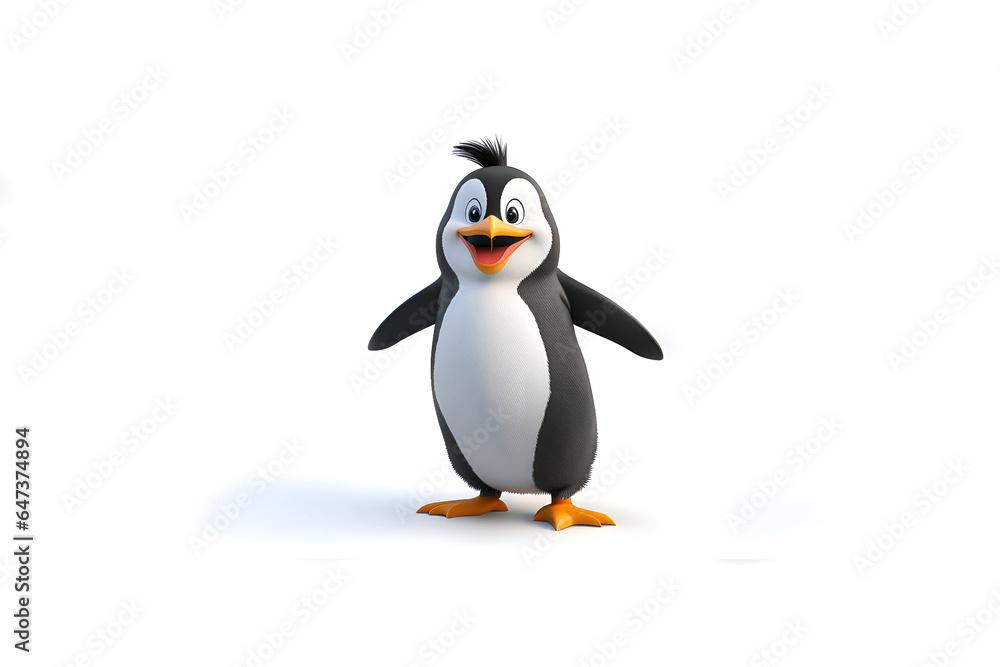 Fototapeta premium 3D cartoon animation style happy penguin on an isolated empty white background - Generative AI