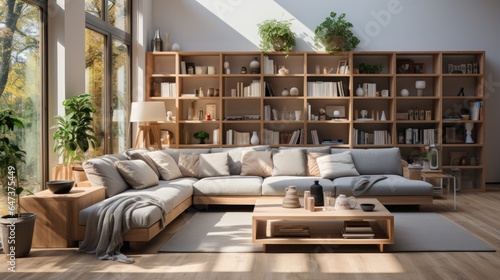 Bright living room interior with large sofa and bookshelves © MBRAMO