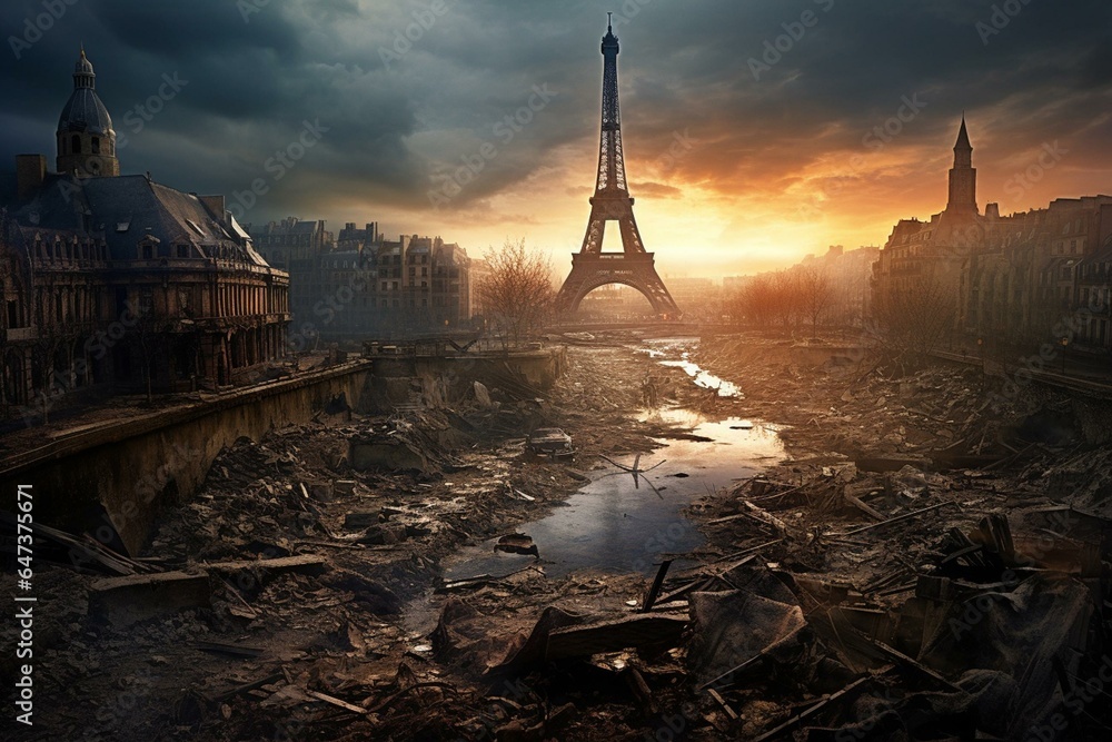 Devastated Paris after an apocalyptic world war. Generative AI