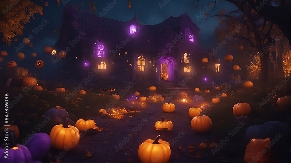 Halloween background with smashed pumpkins jack-o-lantern and a spooky house at night, with neon purple lights - obrazy, fototapety, plakaty 