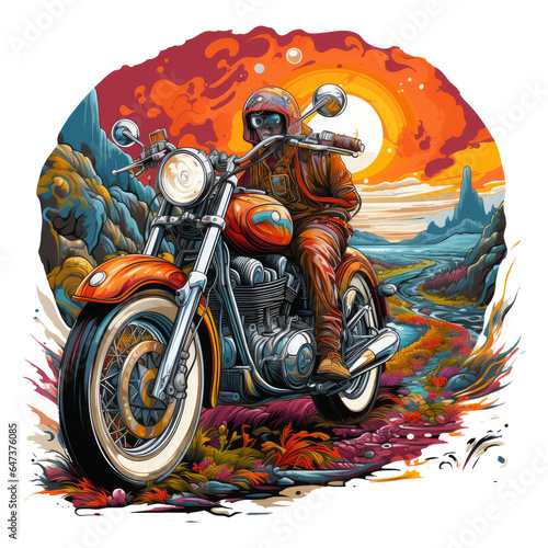 A retro motarsaikal biker t-shirt design inspired by the 1960s counterculture  the biker cruising on a vintage motorcycle through psychedelic landscapes  typography with groovy  Generative Ai