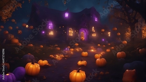 Halloween background with smashed pumpkins jack-o-lantern and a spooky house at night, with neon purple lights photo