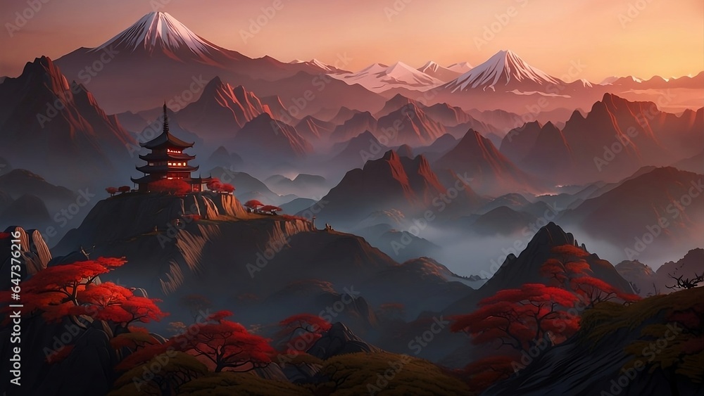 sunrise in the mountains, over a lone Japanese house