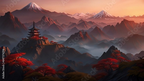 sunrise in the mountains, over a lone Japanese house photo