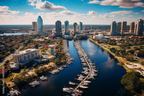 Aerial view above Hillsborough River towards Tampa downtown. Generative AI