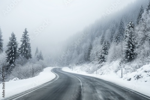 Snowy road with foggy conditions, low visibility in winter. Generative AI © Zephyr