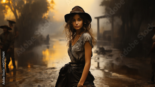 A stylish woman in a vintage cowboy hat, exuding beauty and retro glamour