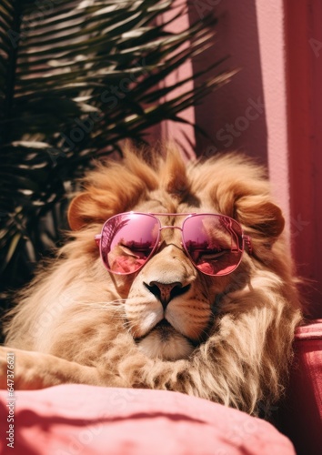 A majestic lion confidently struts through a living room wearing its fashionable pink sunglasses, bringing a sense of hilarity and whimsy to the scene