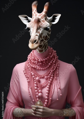 A tall and majestic giraffe wearing an unexpected pink dress and a dazzling necklace stands out in a humorous yet captivating way, making an unforgettable statement