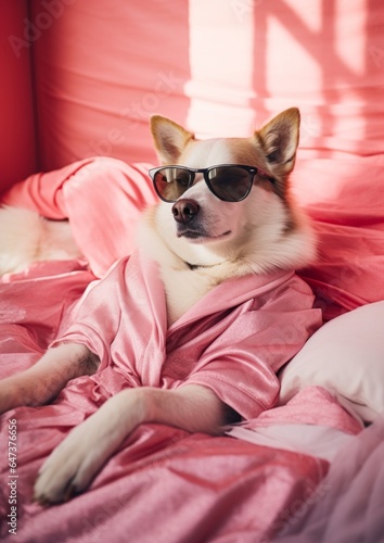 A comical chihuahua wearing a red robe and sunglasses lounges contentedly on a bed, personifying the joys of being a beloved pet © mockupzord