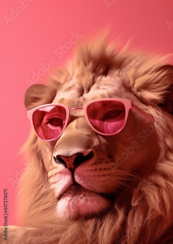 A playful and funny scene of a lion wearing pink sunglasses, showing the anthropomorphic nature of mammals and how they can be just as quirky as cats and monkeys © mockupzord