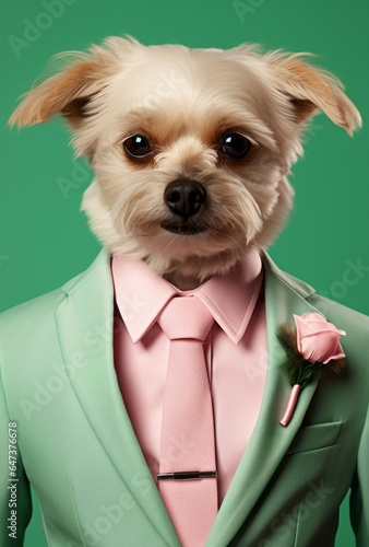 A person stands inside wearing a brown suit, with a funny terrier puppy in a collar standing beside them, bringing a delightful mix of anthropomorphic joy and pet-owner companionship