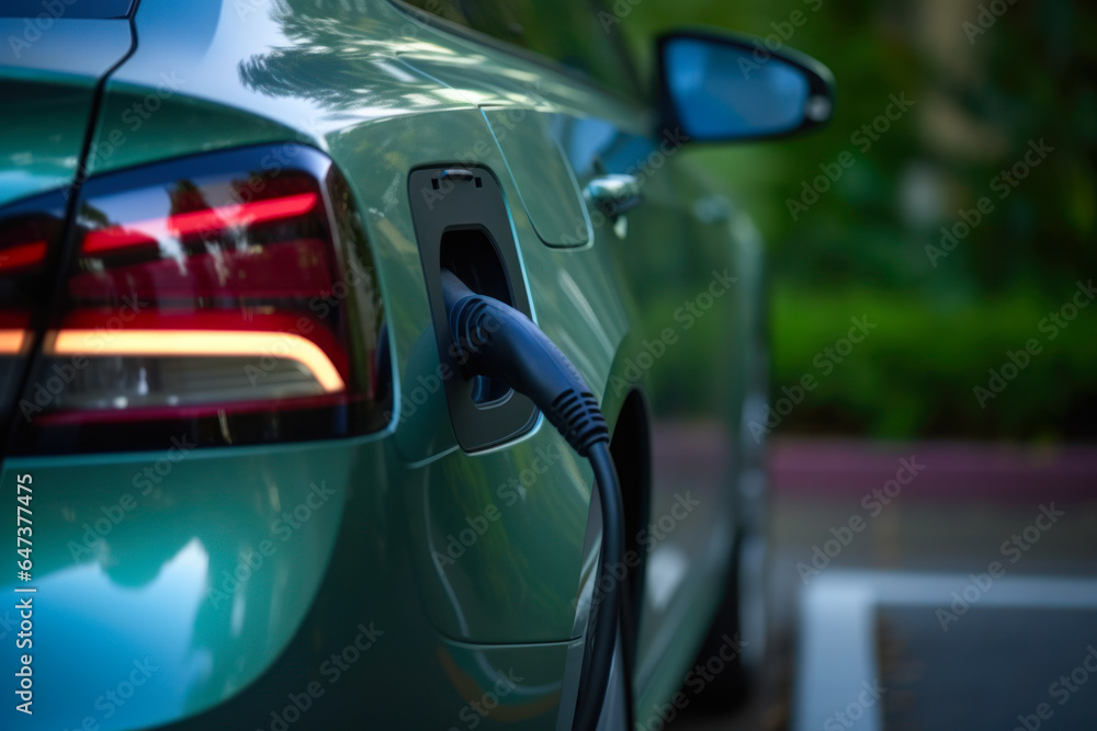 Charging an electric car with a plug in a green car park Charging an electric car with a plug in a green car park